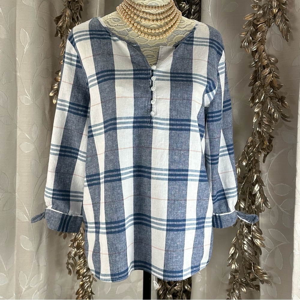 Liz Claiborne Plaid Linen Blend Blouse | M Blue White Tunic‎ Sleeve Tie